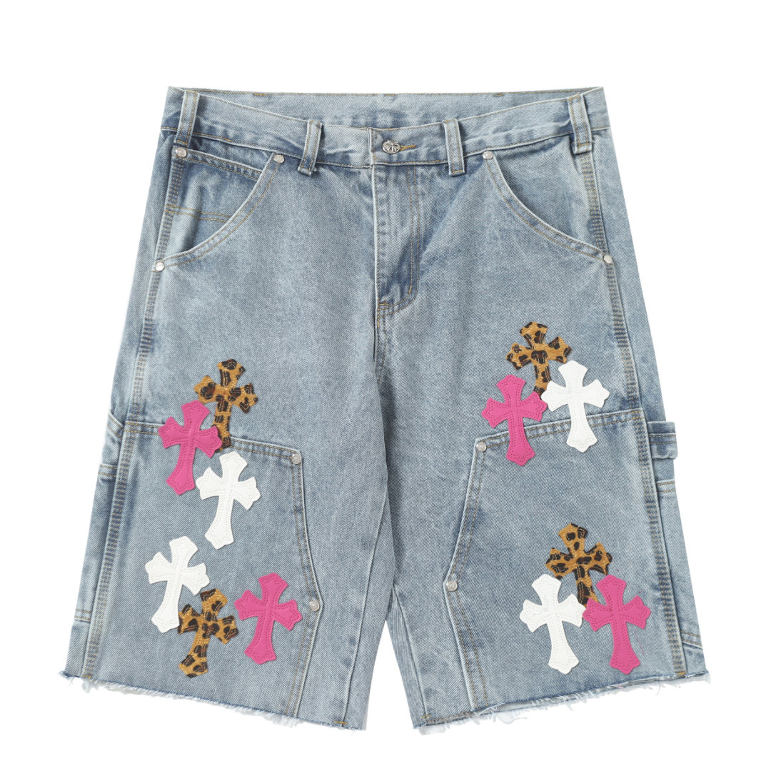 Denim/Pink/white Chromeheart shorts