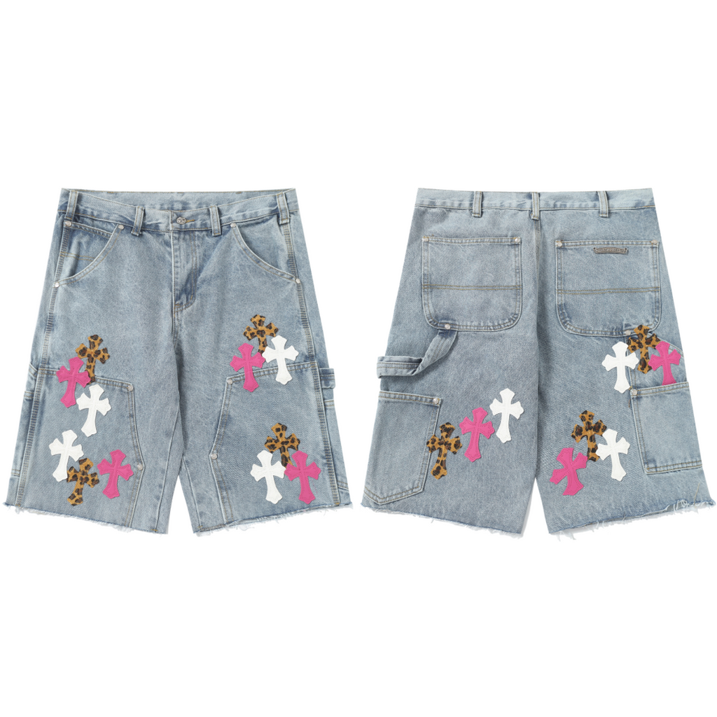 Denim/Pink/white Chromeheart shorts