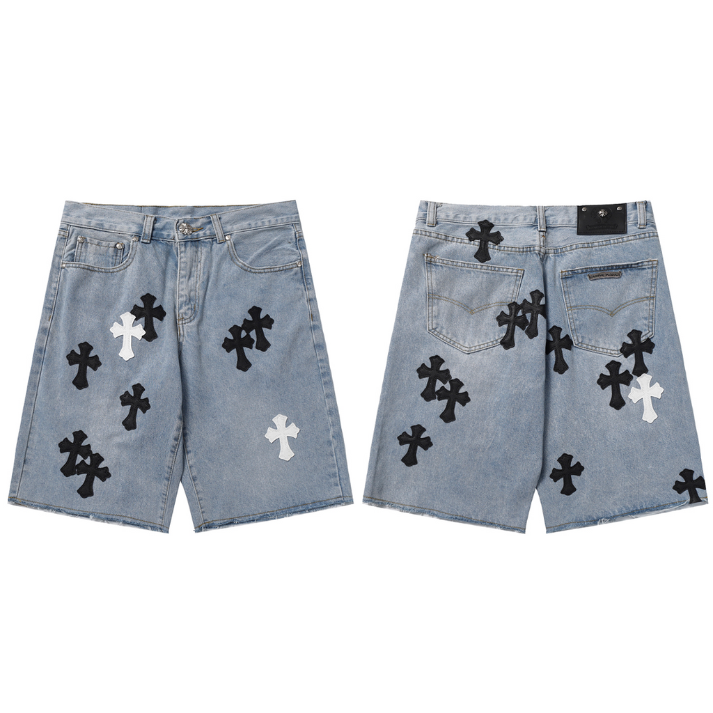 Denim/Black/white chromeheart shorts