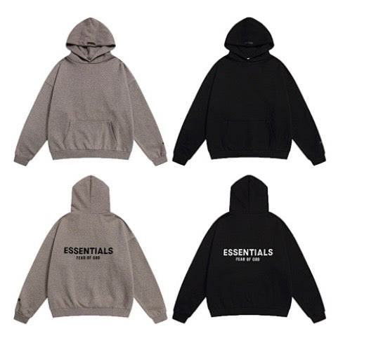 Tan and black fear of god essentials hoodies