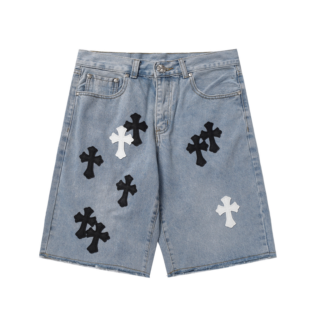 Denim/Black/white chromeheart shorts