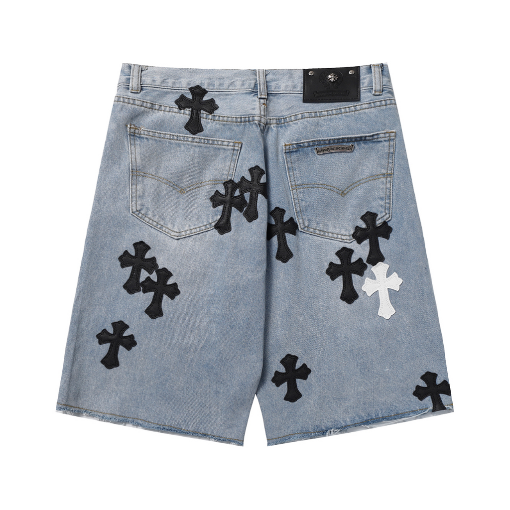 Denim/Black/white chromeheart shorts